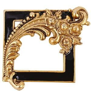 Vintage Brooch Black Enamel Baroque Revival Square Art Frame Gold Tone Pin